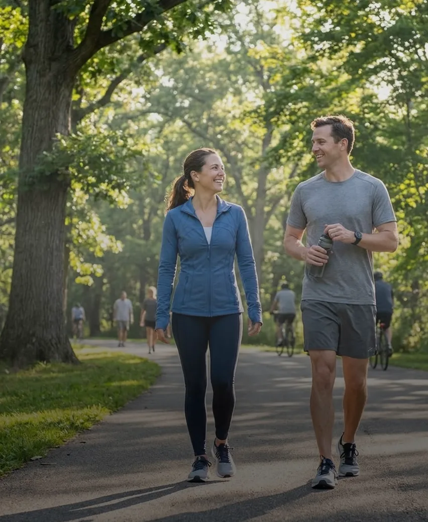 A man and a woman walking a park path together, mid-conversation