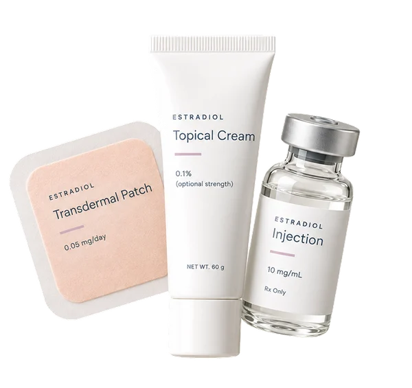 An estradiol patch, a tube of estradiol cream and a vial of estradiol for injection