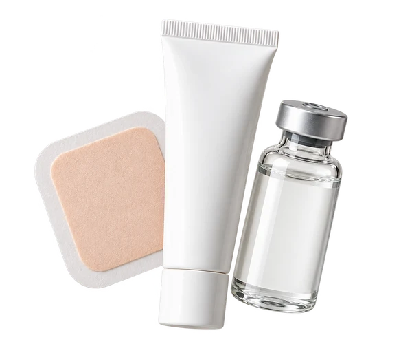 A transdermal patch, a tube of cream and a vial for injection, the three forms most treatments here are prescribed in